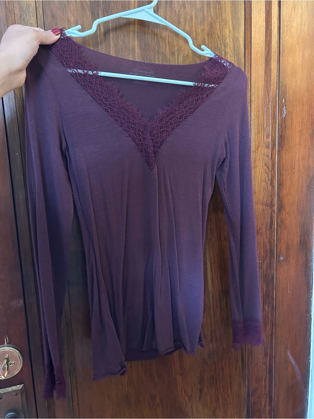intimissimi Dark Burgundy Lace-Trim V-Neck Long Sleeve Top